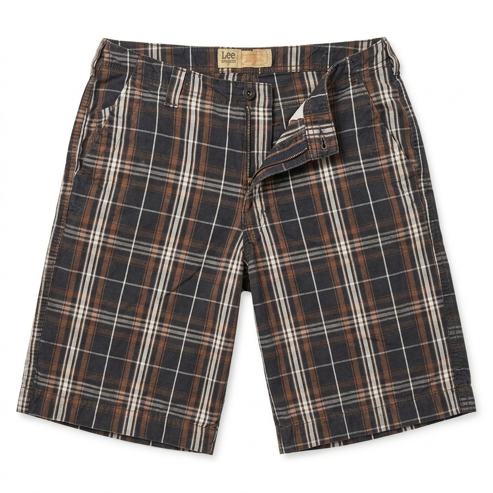 Lee Dungarees Men's Plaid Shorts Size 36 Brown‎ Black White Flat Front Cotton